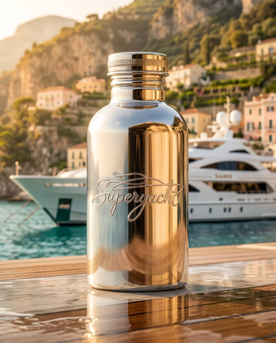 Superyacht mirror-polished aluminum bottle with a Mediterranean vessel beyond